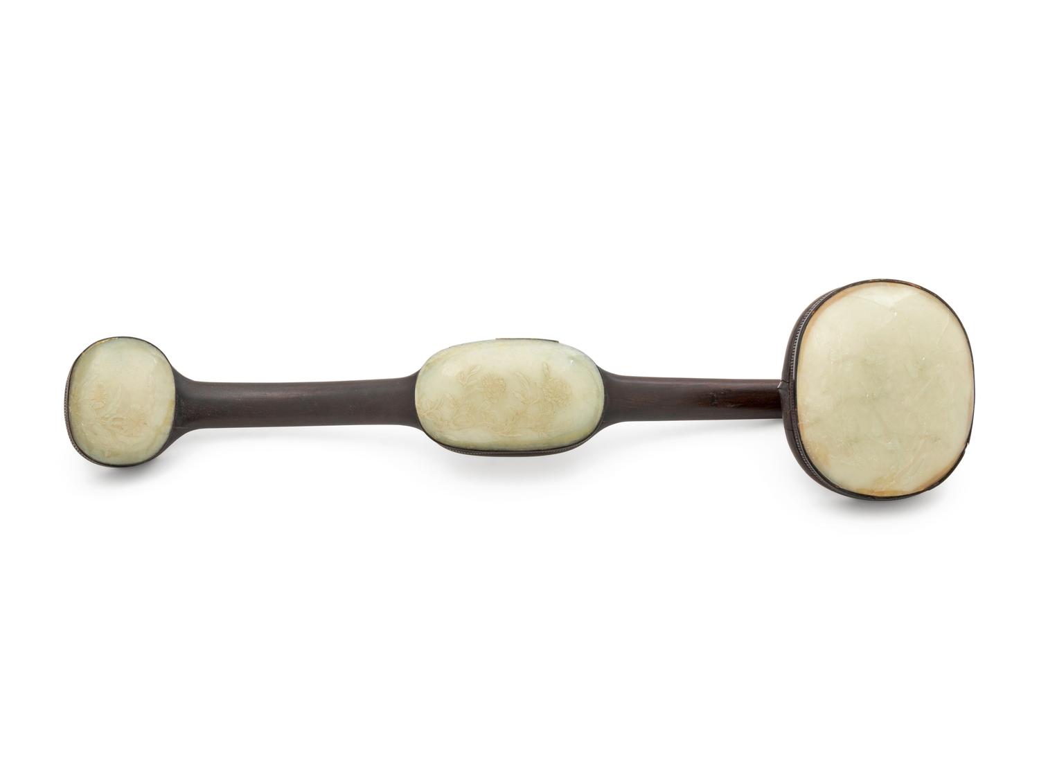 A Pale Celadon Inset Hardwood Ruyi Scepter