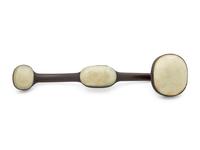 A Pale Celadon Inset Hardwood Ruyi Scepter