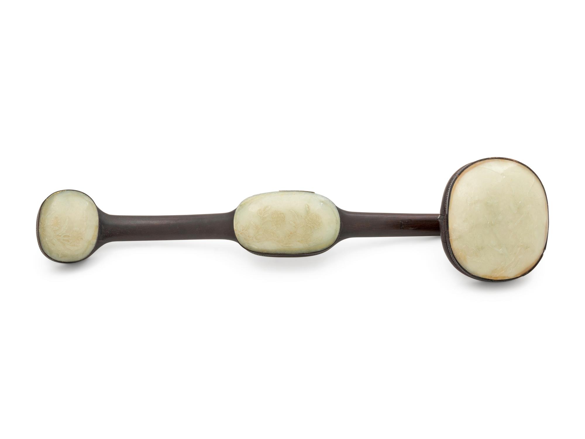 A Pale Celadon Inset Hardwood Ruyi Scepter