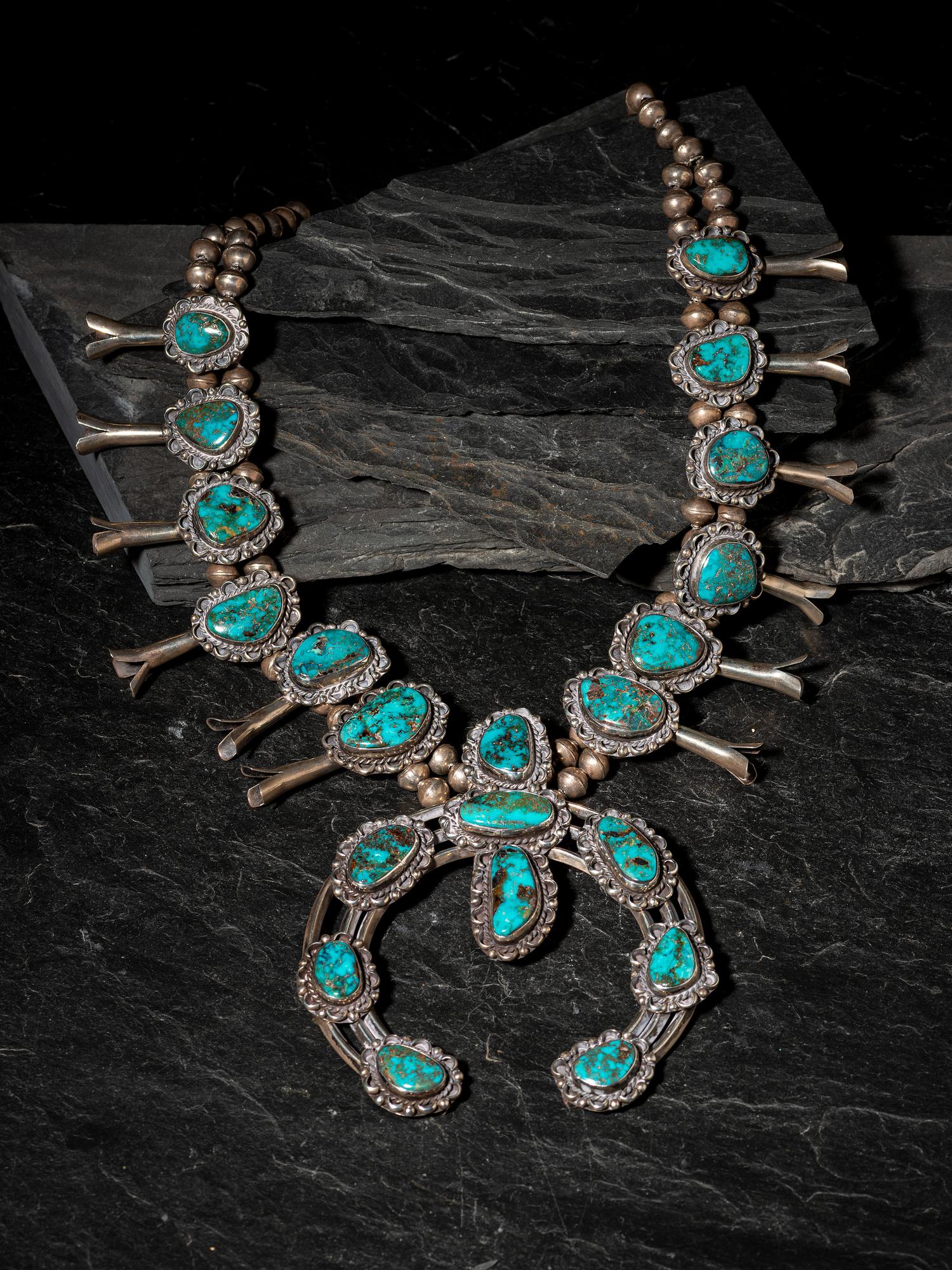 Navajo Silver and Turquoise Squash Blossom Necklace