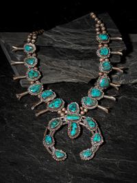 Navajo Silver and Turquoise Squash Blossom Necklace