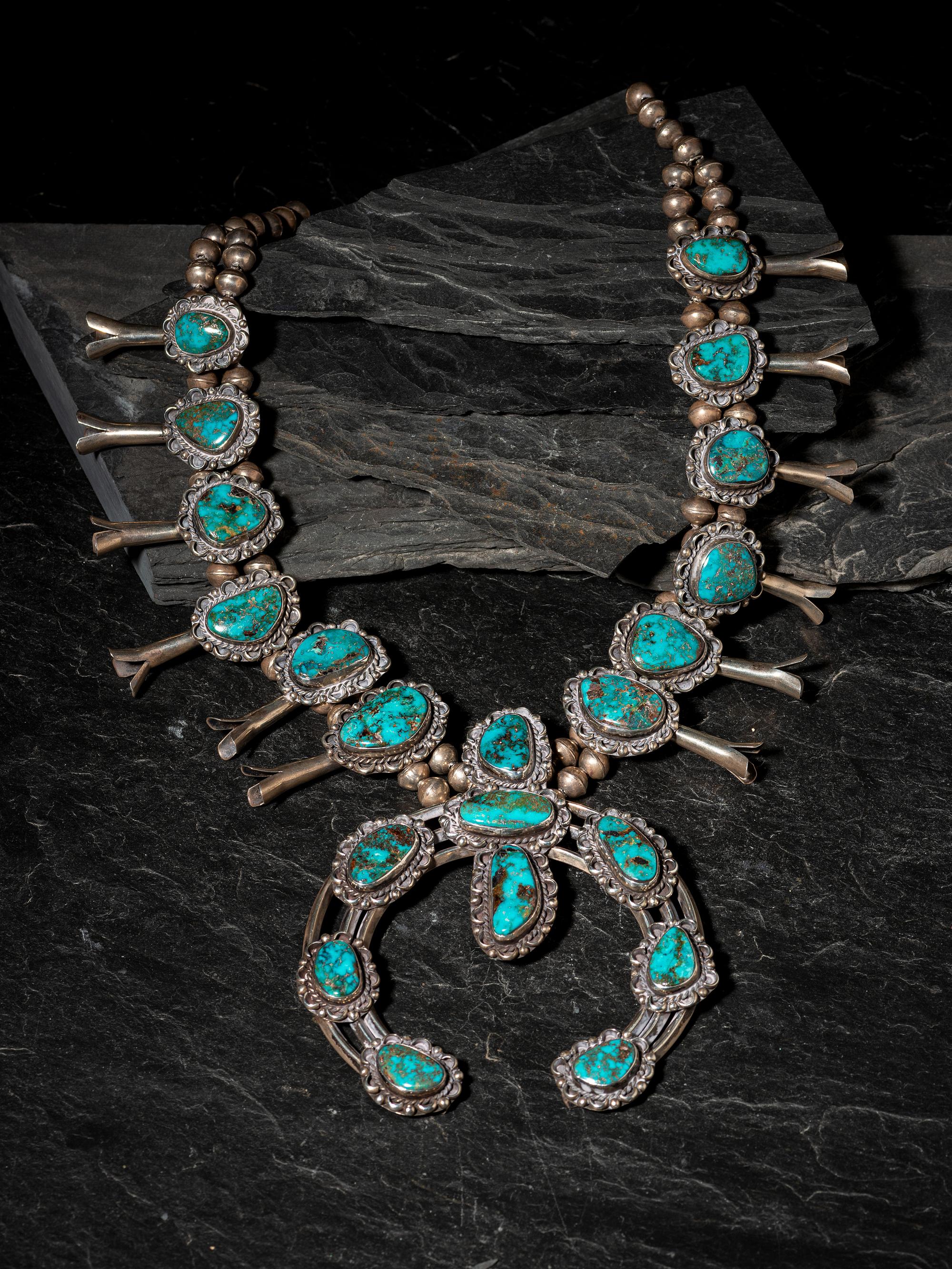 Navajo Silver and Turquoise Squash Blossom Necklace