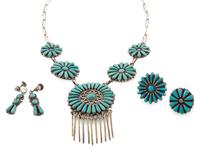 Zuni Silver and Petit Point Turquoise Necklace, Rings, AND Screw-back Earrings