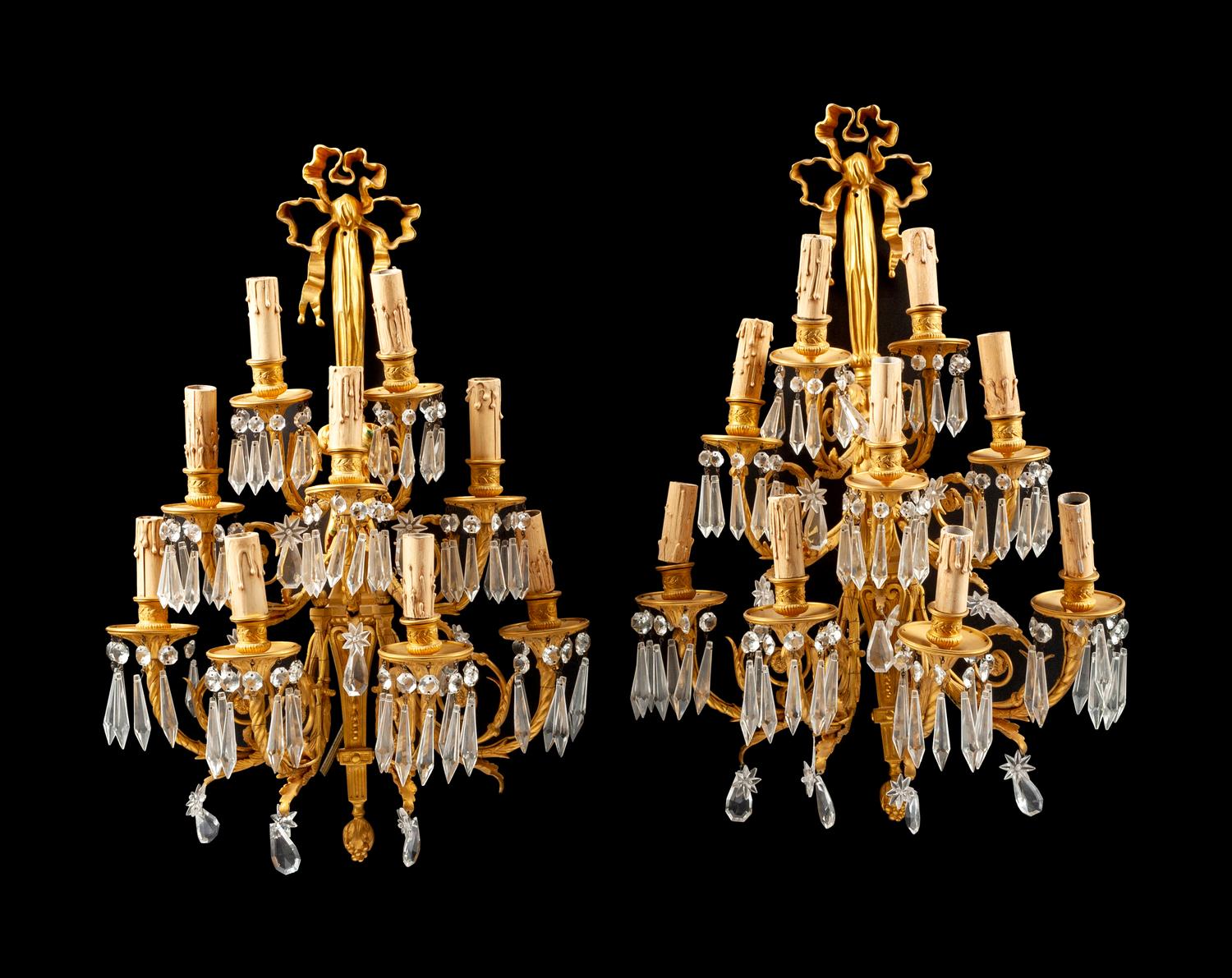 A Pair of Louis XV Style Gilt-Bronze and Glass Seven-Light Sconces