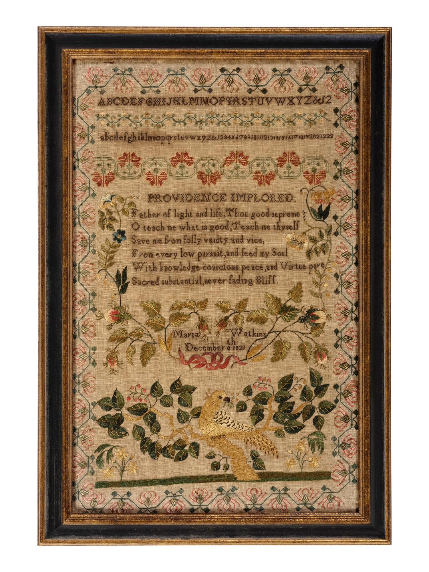 An American Silk Embroidered Bird and Vine Sampler