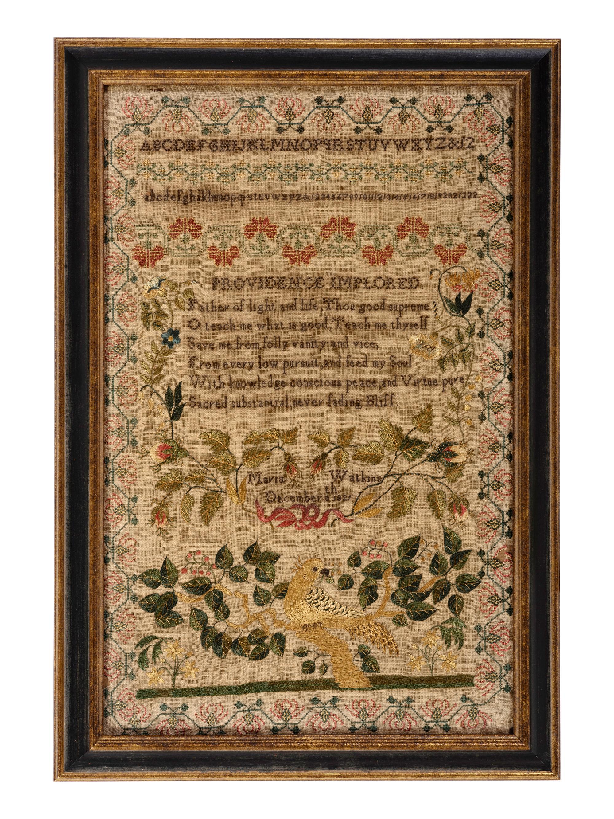 An American Silk Embroidered Bird and Vine Sampler
