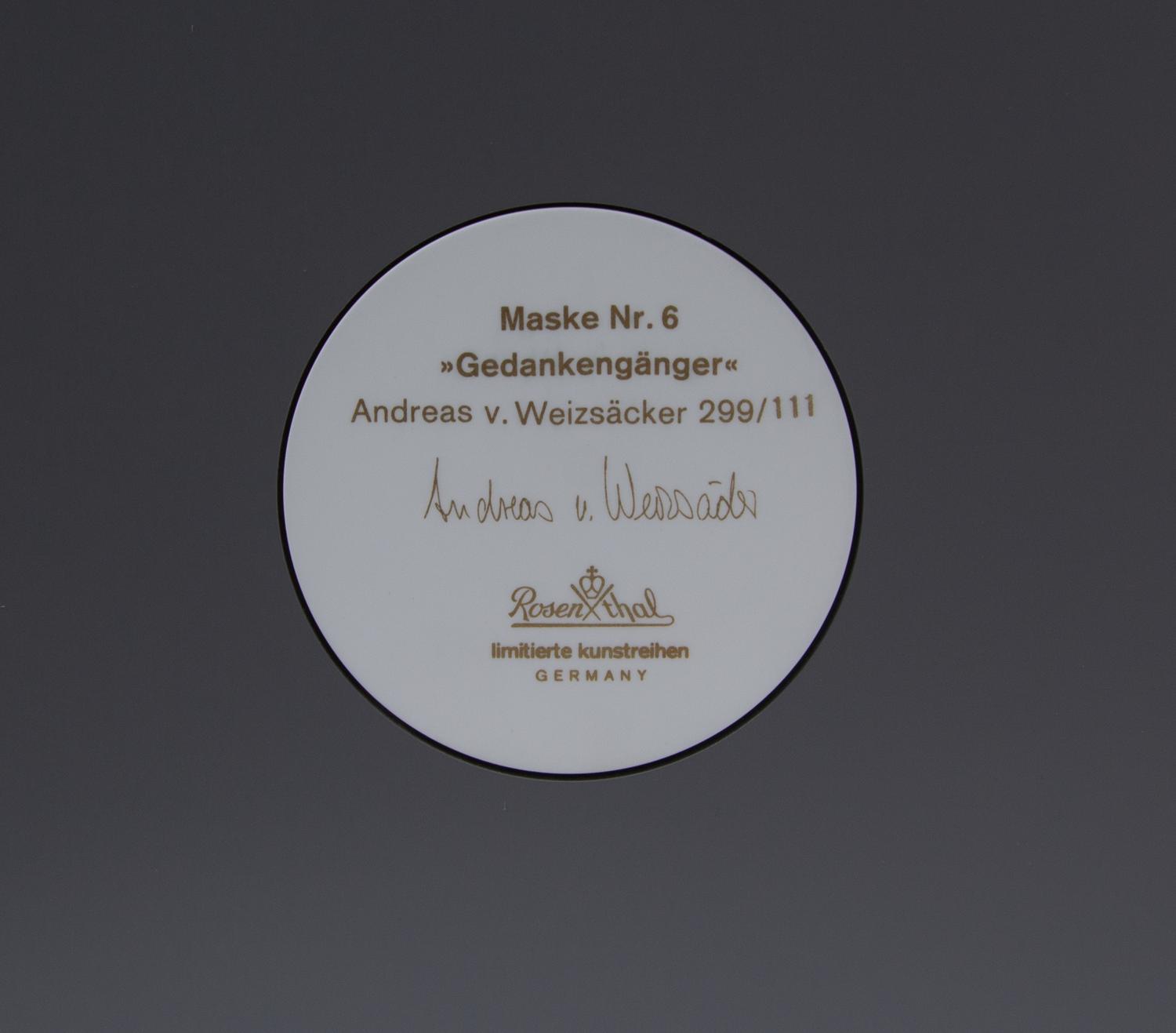 Maske Nr. 6 Plaque, 1991 edition 299/111 Rosenthal Studio Line, Germany