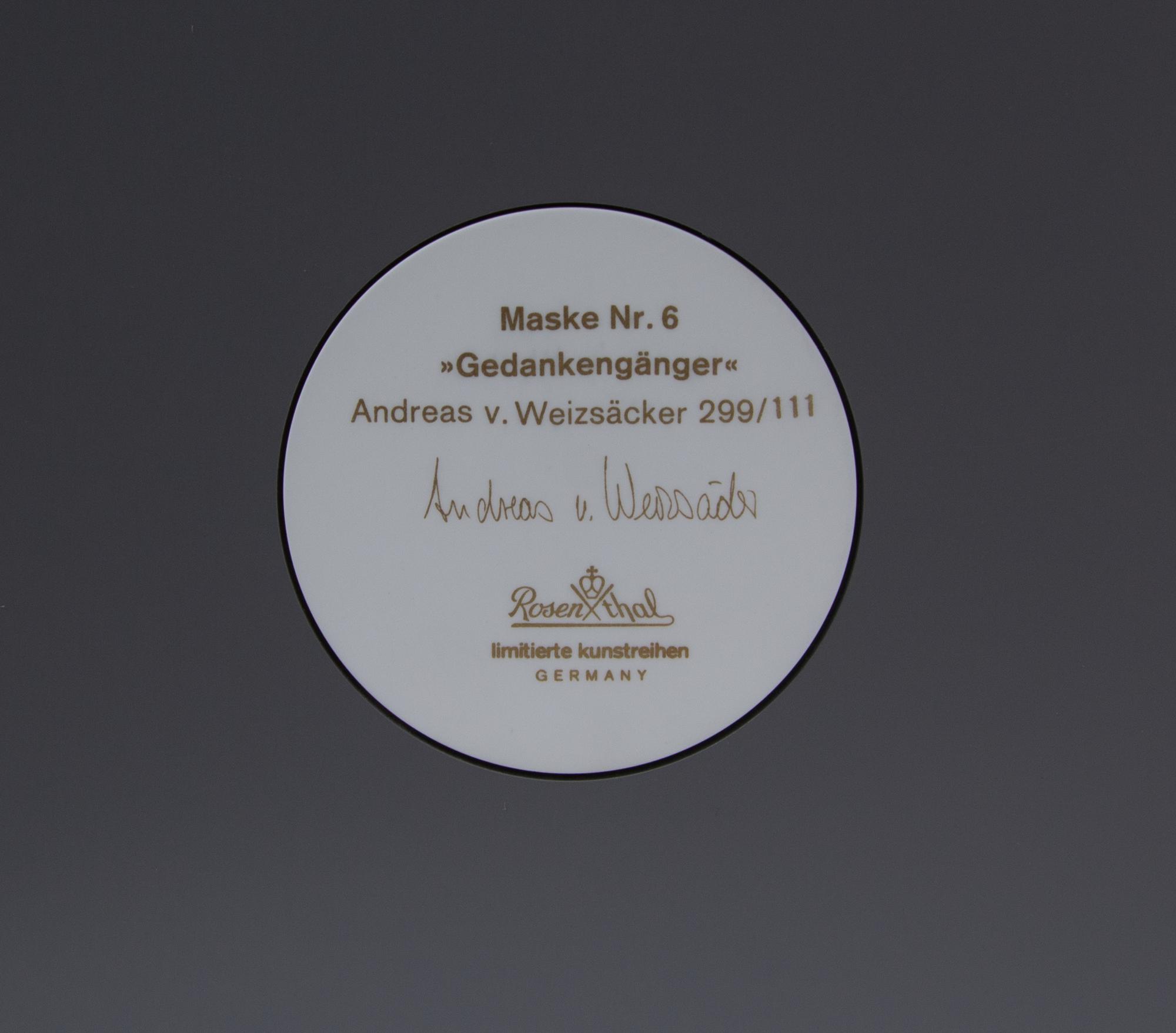Maske Nr. 6 Plaque, 1991 edition 299/111 Rosenthal Studio Line, Germany