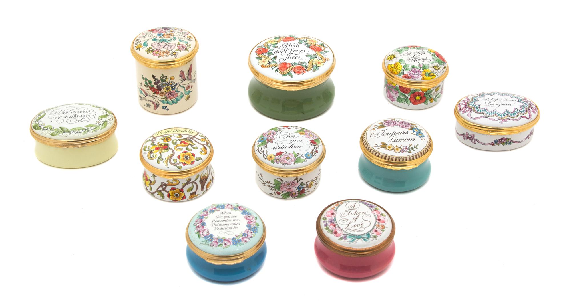 A Collection of Ten Enameled Pill Boxes Diameter of largest 2 1/4 inches. — 20TH CENTURY