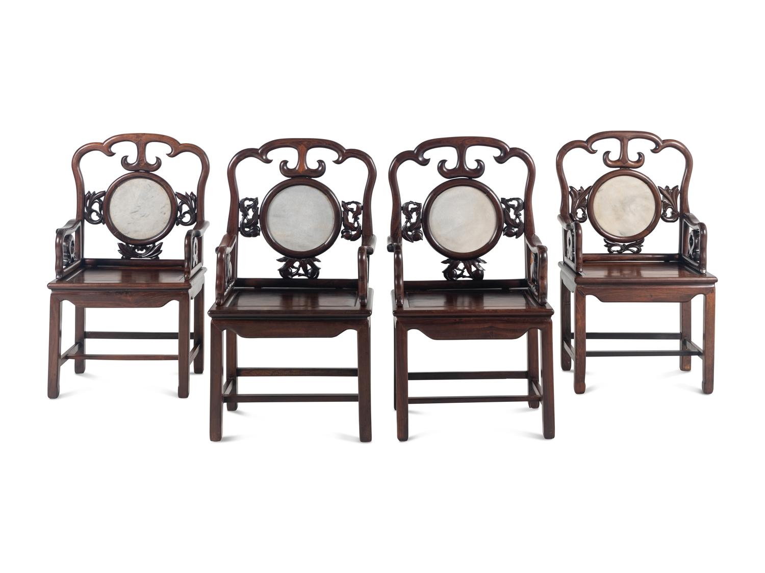 A Set of Four Chinese Marble Inset Zitan Armchairs