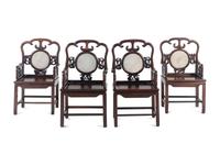 A Set of Four Chinese Marble Inset Zitan Armchairs
