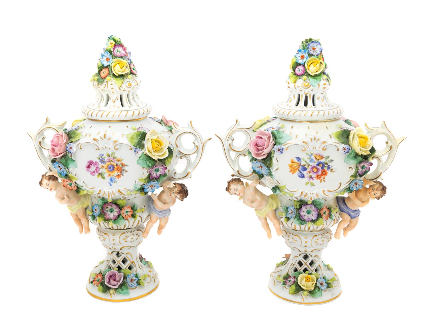 A Pair of Sitzendorf Porcelain Urns