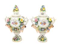 A Pair of Sitzendorf Porcelain Urns
