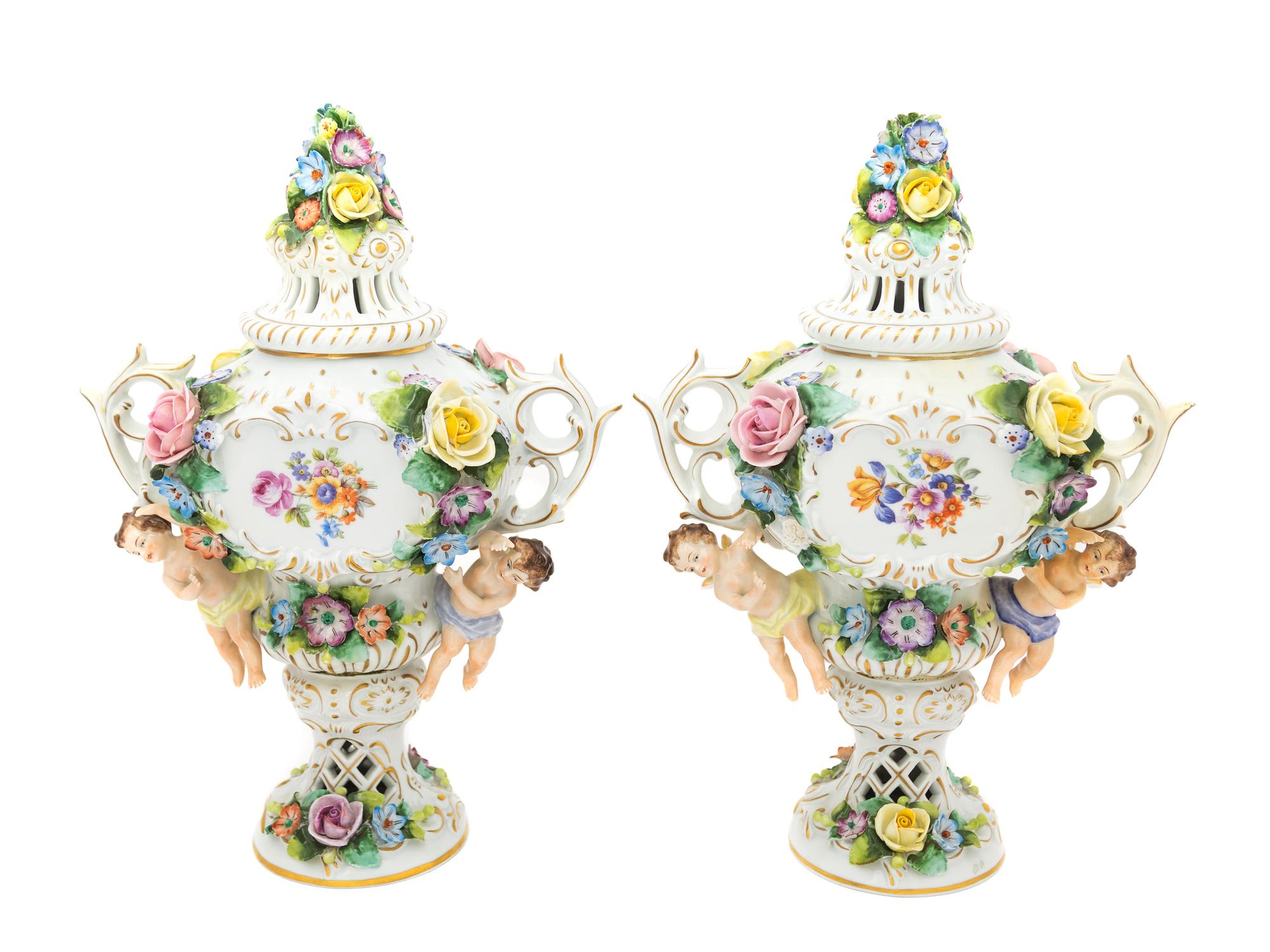 A Pair of Sitzendorf Porcelain Urns