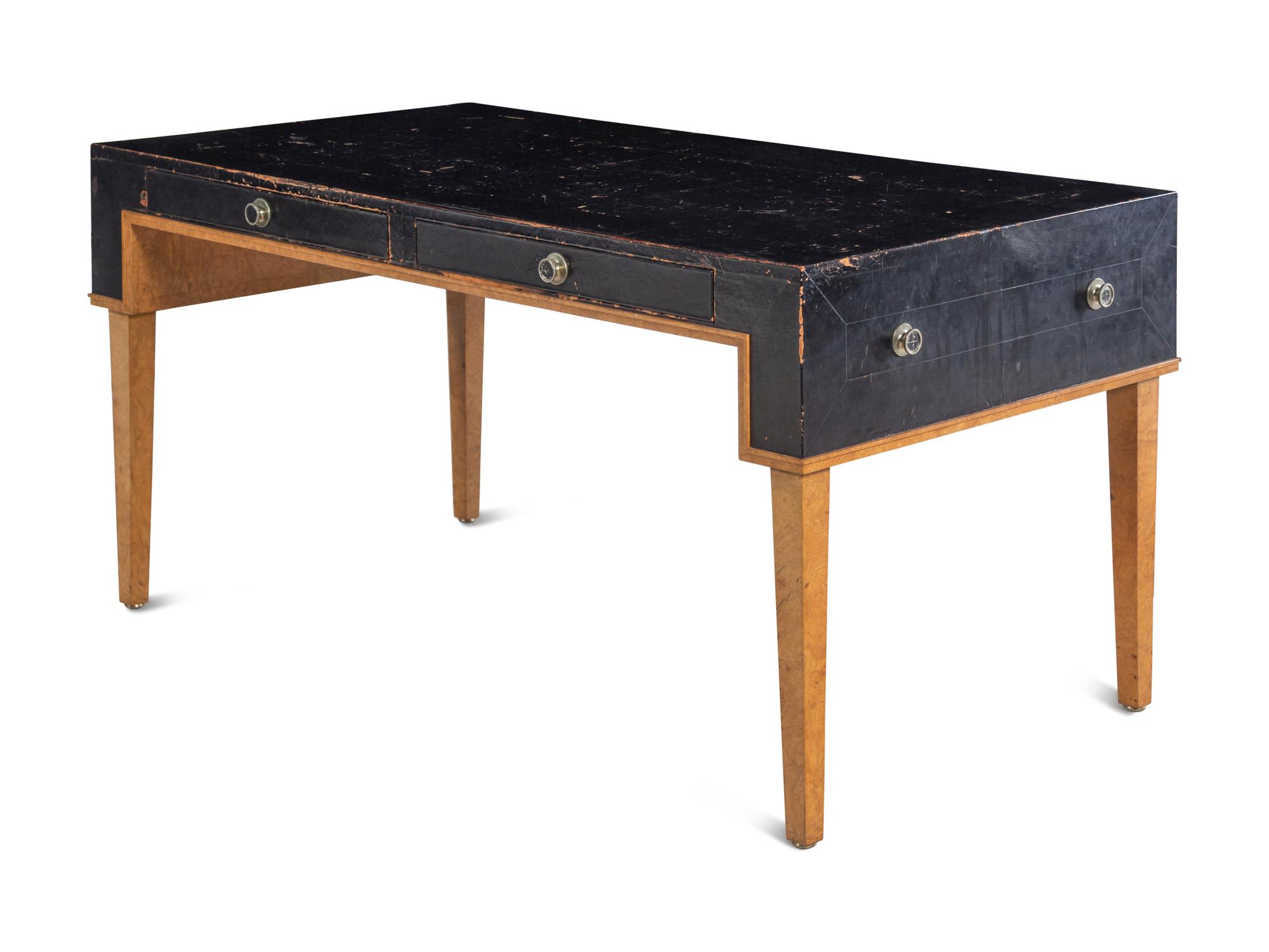 A Modernist Burlwood and Leather-Veneered Desk