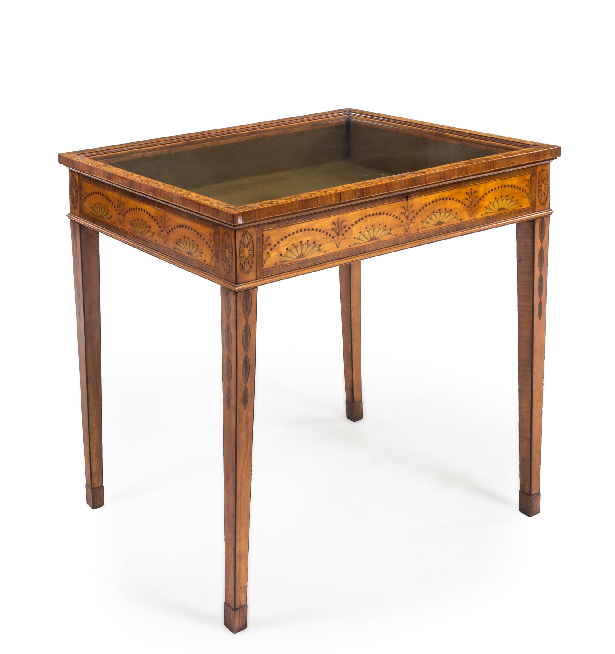 A Hepplewhite Style Satinwood, Mahogany and Marquetry Vitrine Table Height 29 1/4 x width 31 x depth 23 inches. — 18TH/19TH CENTURY