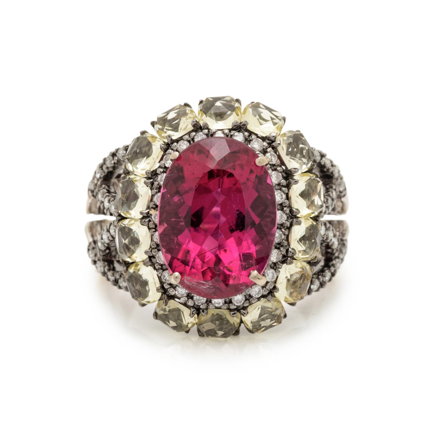 WHITE GOLD, RUBELLITE, QUARTZ, AND DIAMOND RING