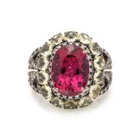 WHITE GOLD, RUBELLITE, QUARTZ, AND DIAMOND RING