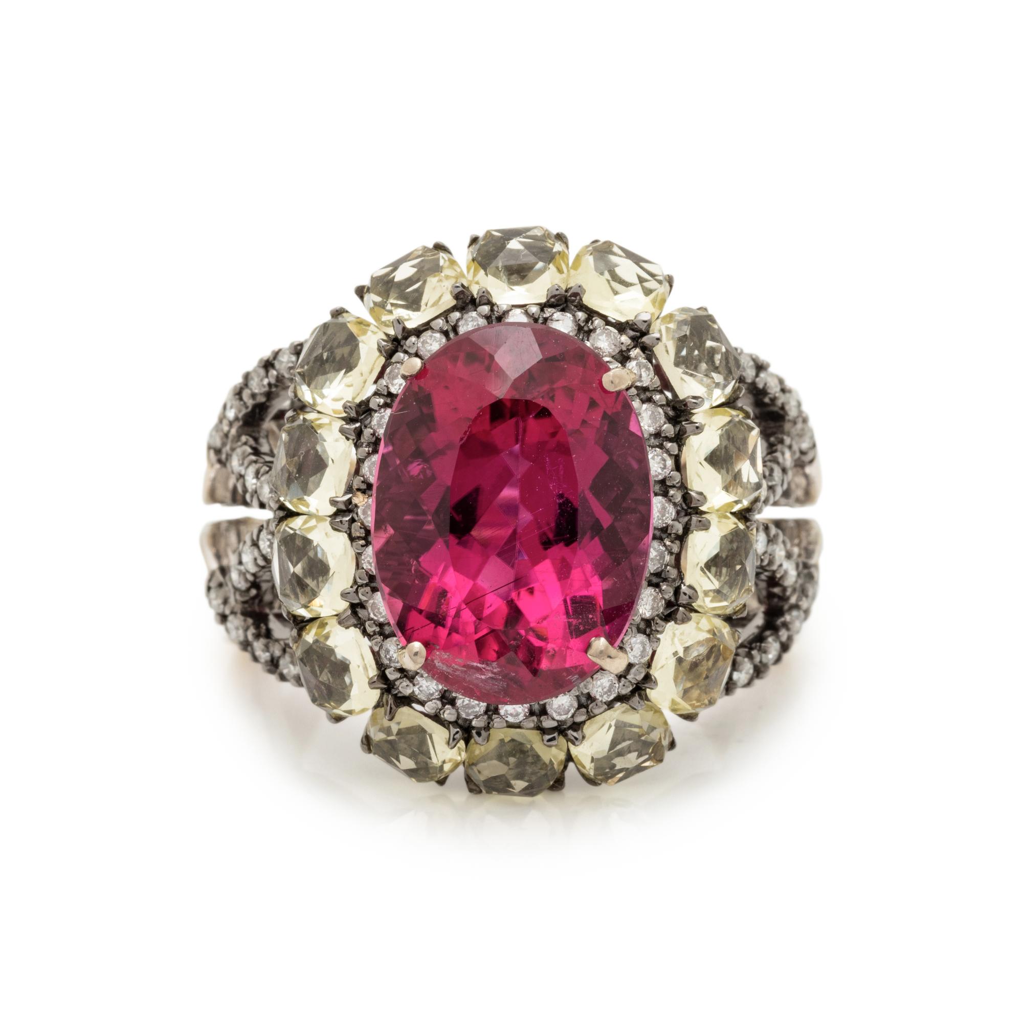 WHITE GOLD, RUBELLITE, QUARTZ, AND DIAMOND RING