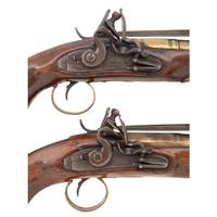 Pair of Brass Cannon Barreled Flintlock Snap Bayonet Pistols Marked H Cook