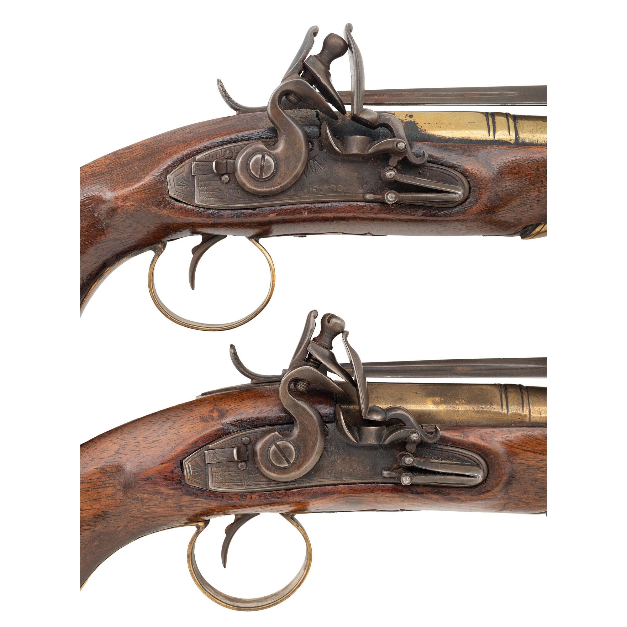 Pair of Brass Cannon Barreled Flintlock Snap Bayonet Pistols Marked H Cook