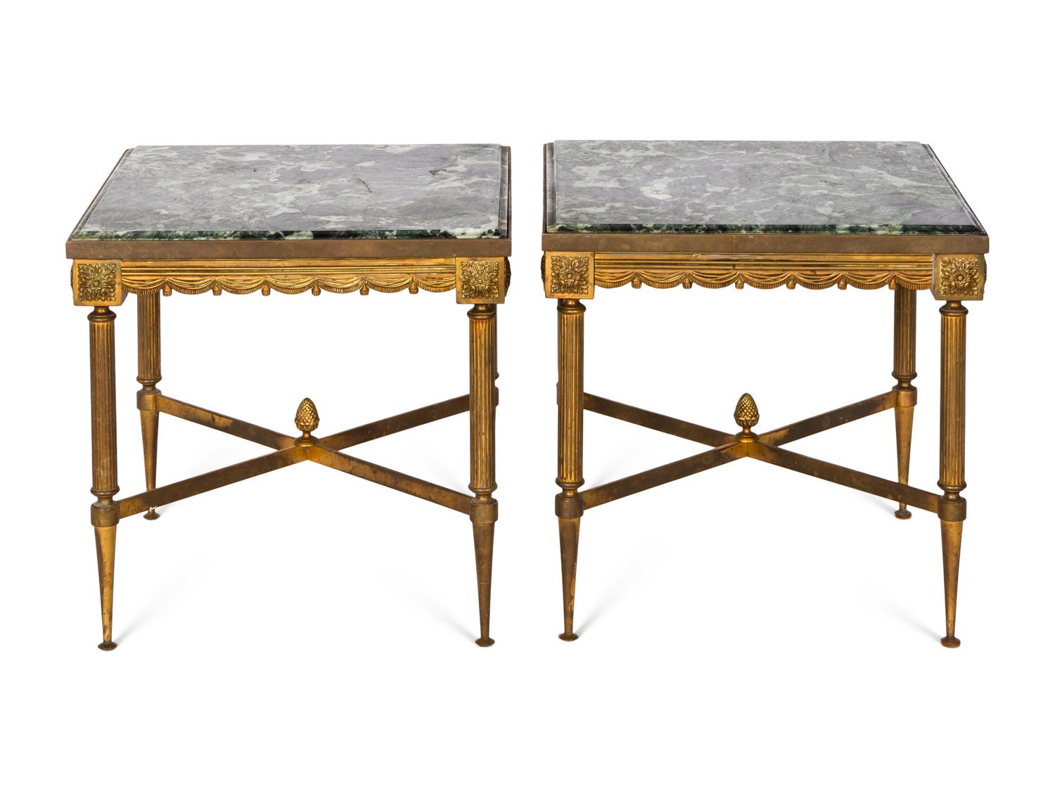 A Pair of French Gilt Metal Side Tables with Verde Marble Tops