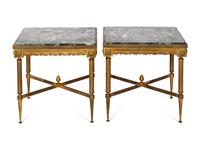 A Pair of French Gilt Metal Side Tables with Verde Marble Tops
