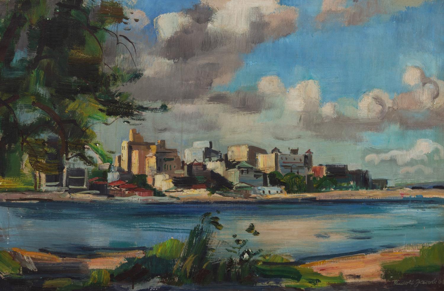 Rudolf Jacobi, (American, 1889-1972), Coastal Town View, 1960