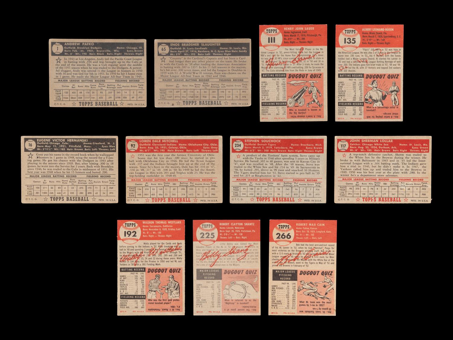 A Group of 11 1952 and 1953 Topps Baseball Cards (Including Andy Pafko 1952 Card No. 1),