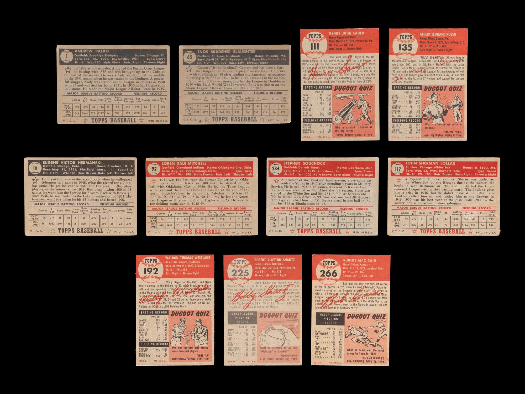 A Group of 11 1952 and 1953 Topps Baseball Cards (Including Andy Pafko 1952 Card No. 1),
