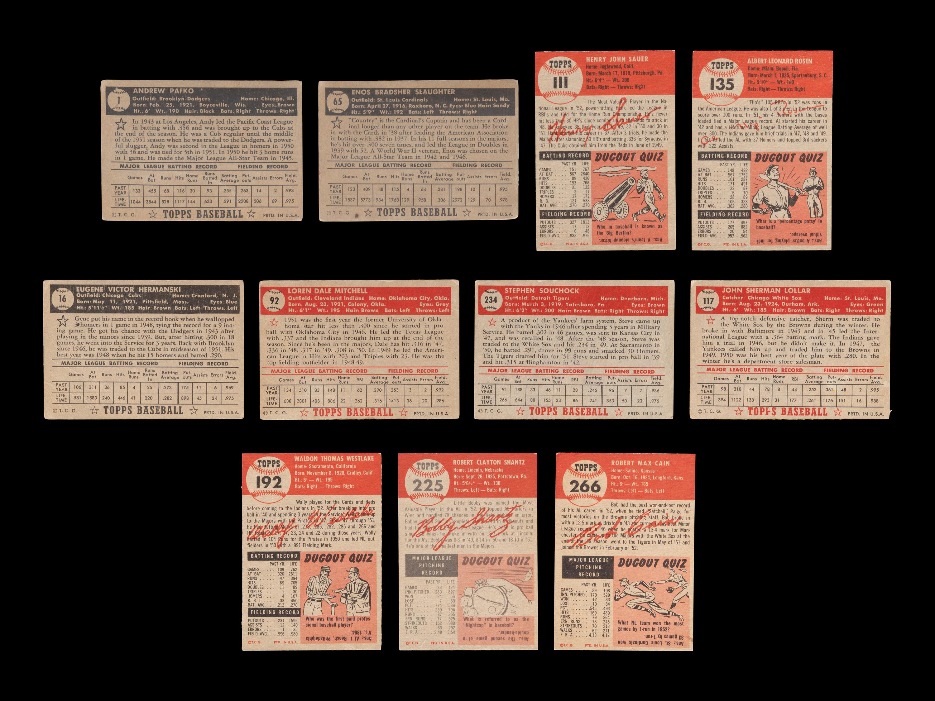 A Group of 11 1952 and 1953 Topps Baseball Cards (Including Andy Pafko 1952 Card No. 1),