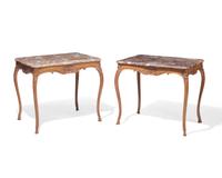 A rare near pair of Louis XV oak side tables with rouge marble tops, 18th / 19th century