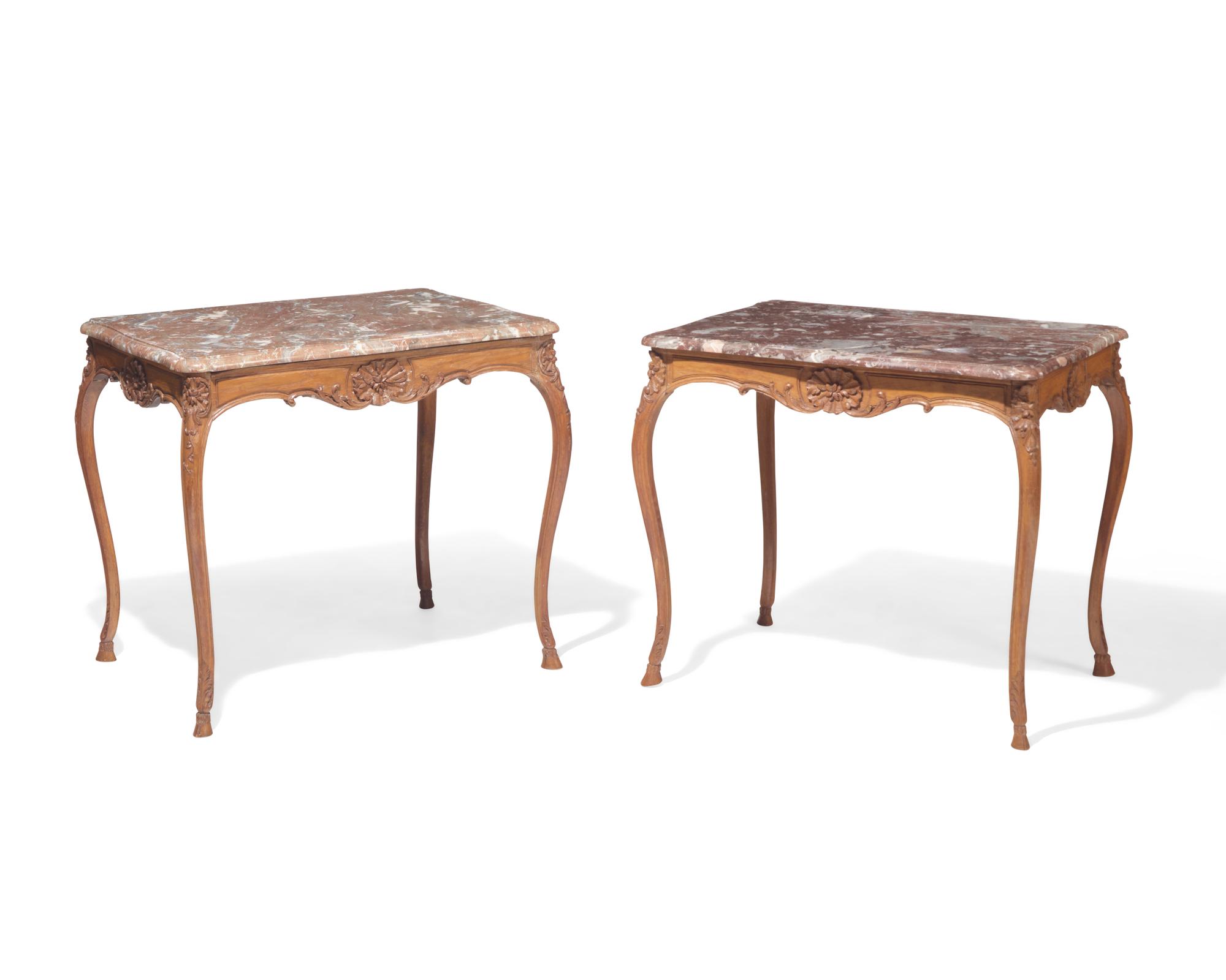 A rare near pair of Louis XV oak side tables with rouge marble tops, 18th / 19th century