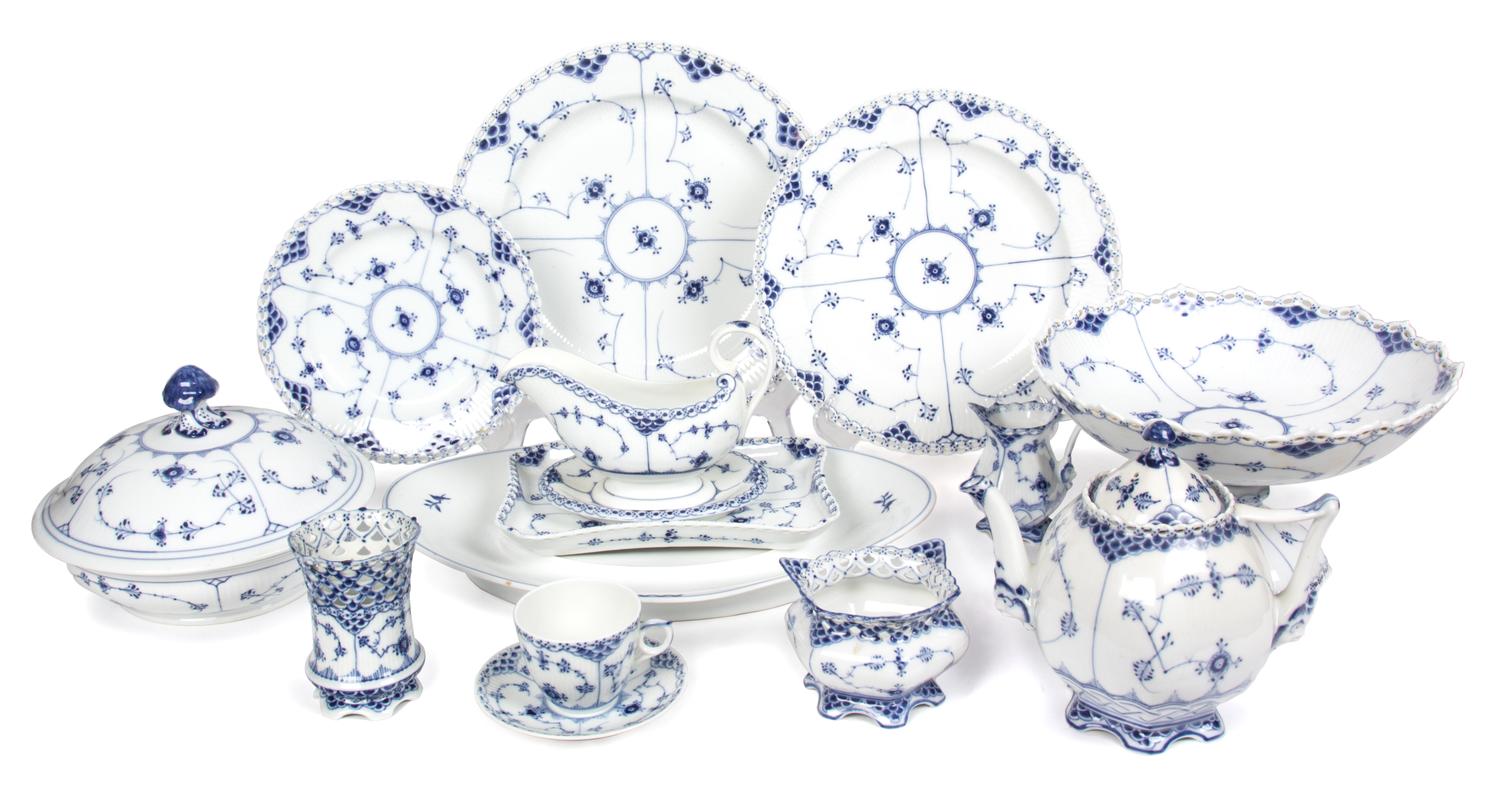 A Royal Copenhagen Porcelain Dinner Service for Twelve with Additional Serving Pieces Diameter of first 9 inches.