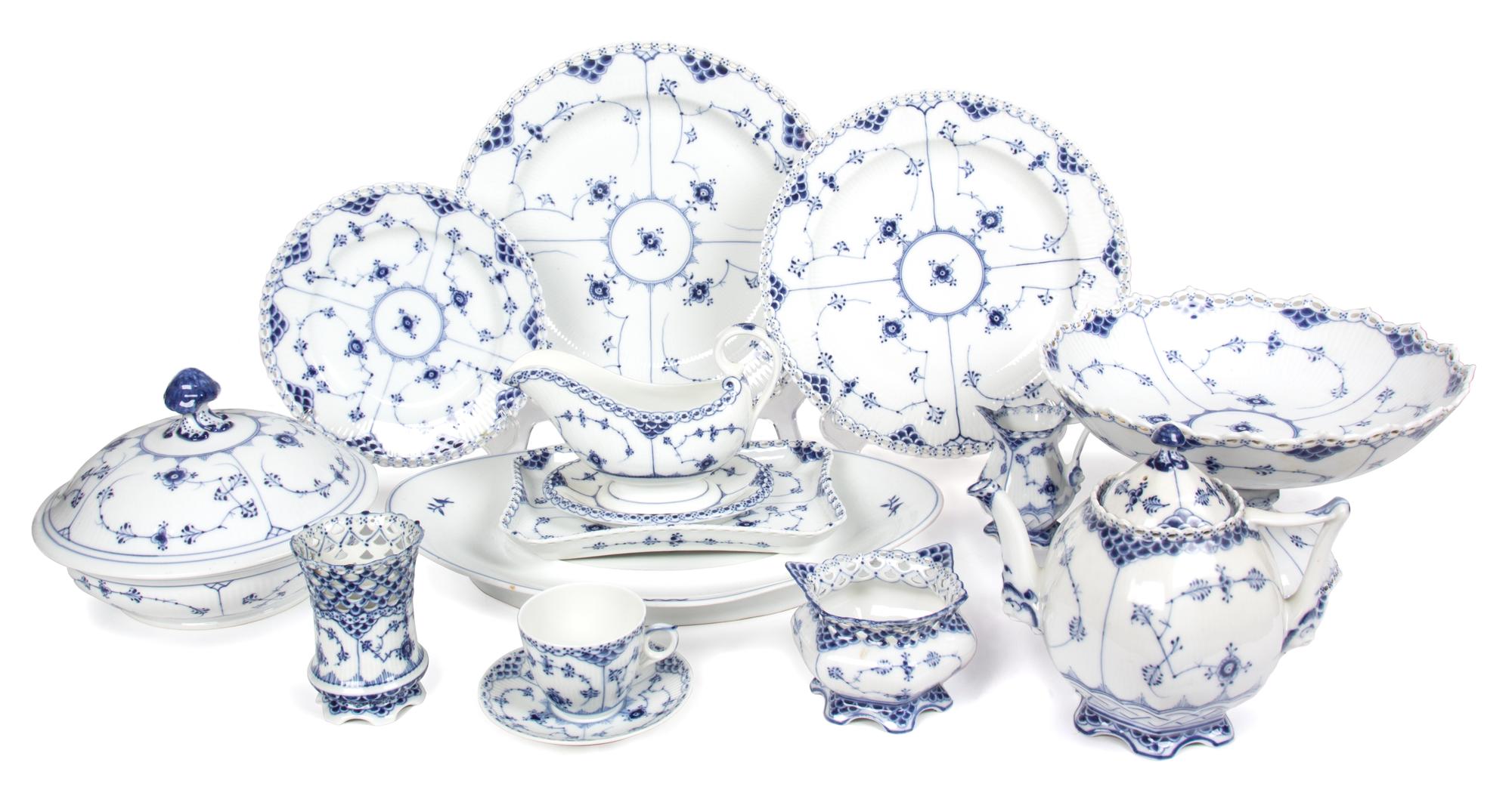 A Royal Copenhagen Porcelain Dinner Service for Twelve with Additional Serving Pieces Diameter of first 9 inches.