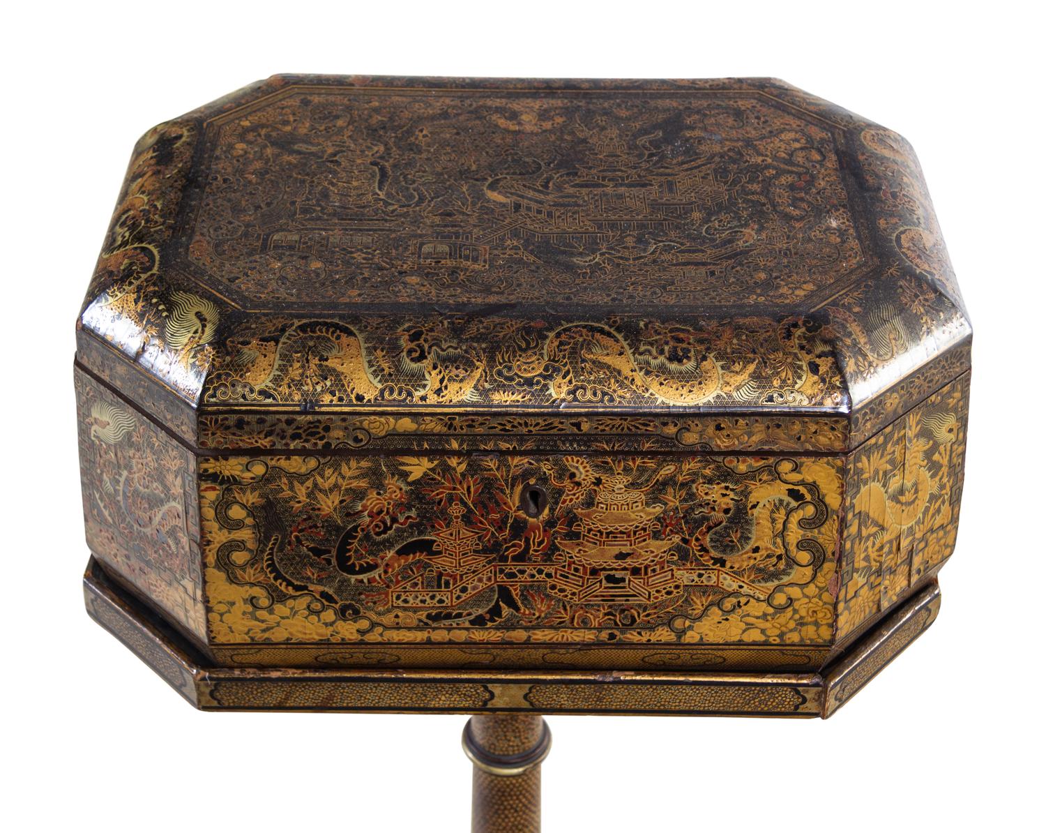 A Chinese Export Lacquered Sewing Box on Stand