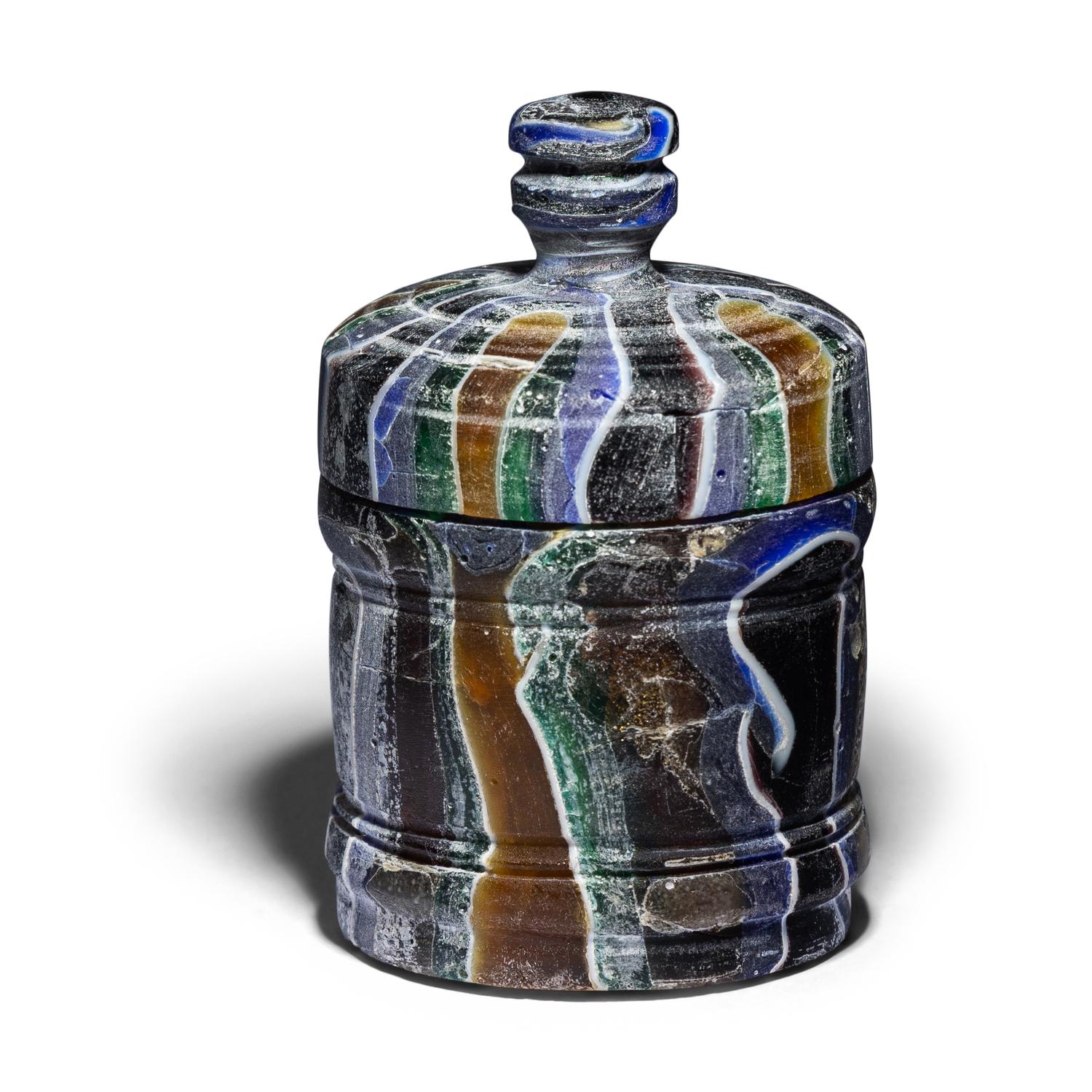 A Roman Marbled Cast Glass Pyxis