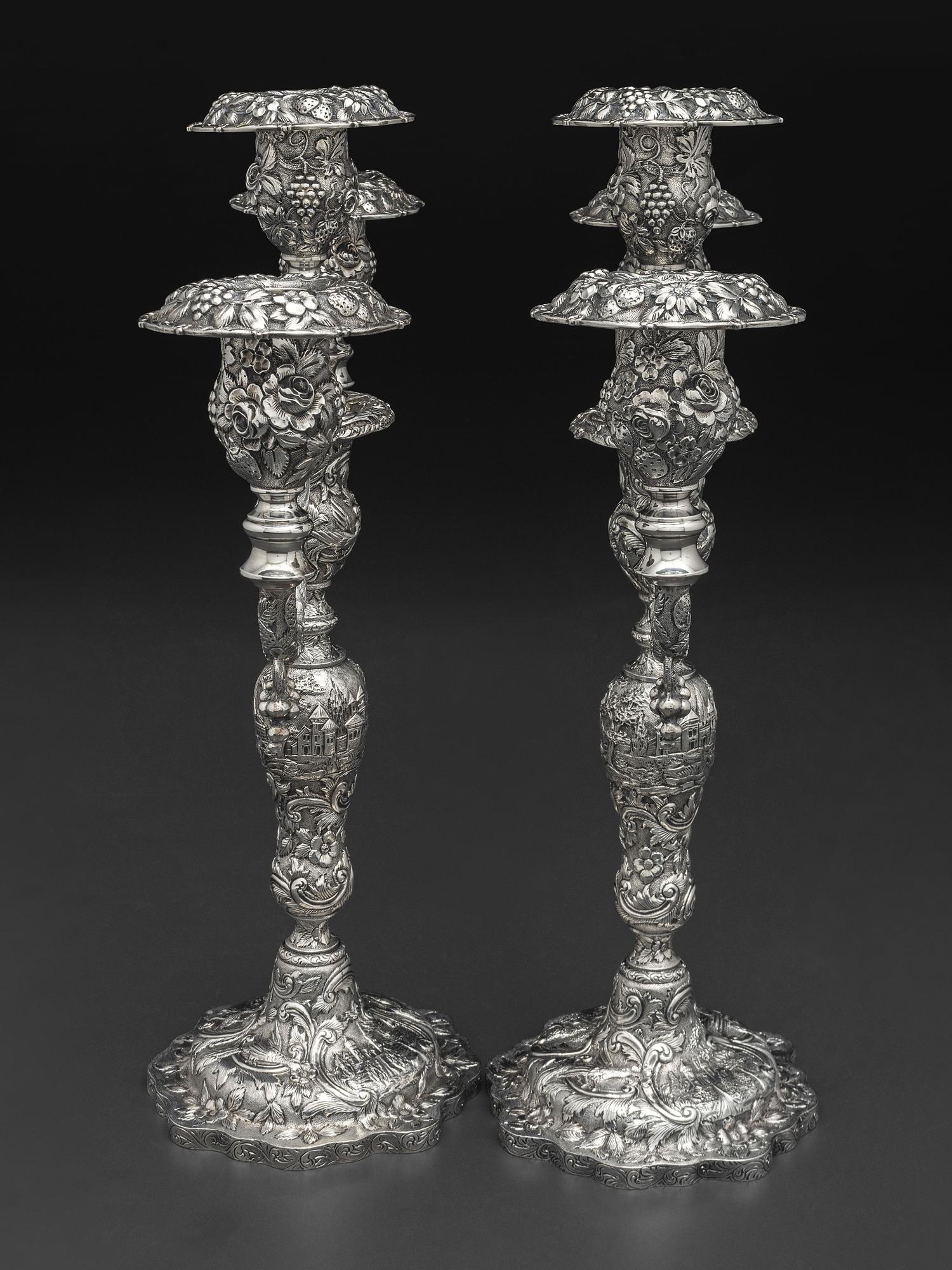 A Pair of American Repousse Silver Candelabra
