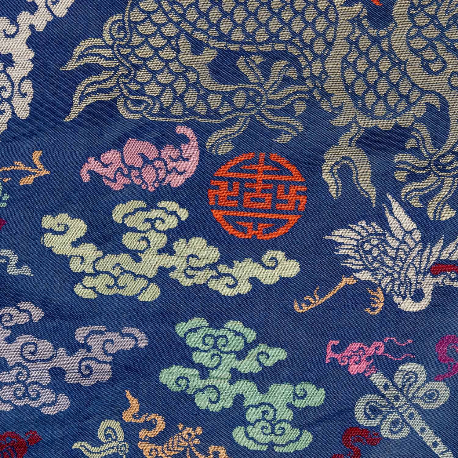 A Chinese Blue Ground Brocade 'Dragon' Robe, Jifu, Late Qing Dynasty 清晚期 藍地織錦云龍紋吉服