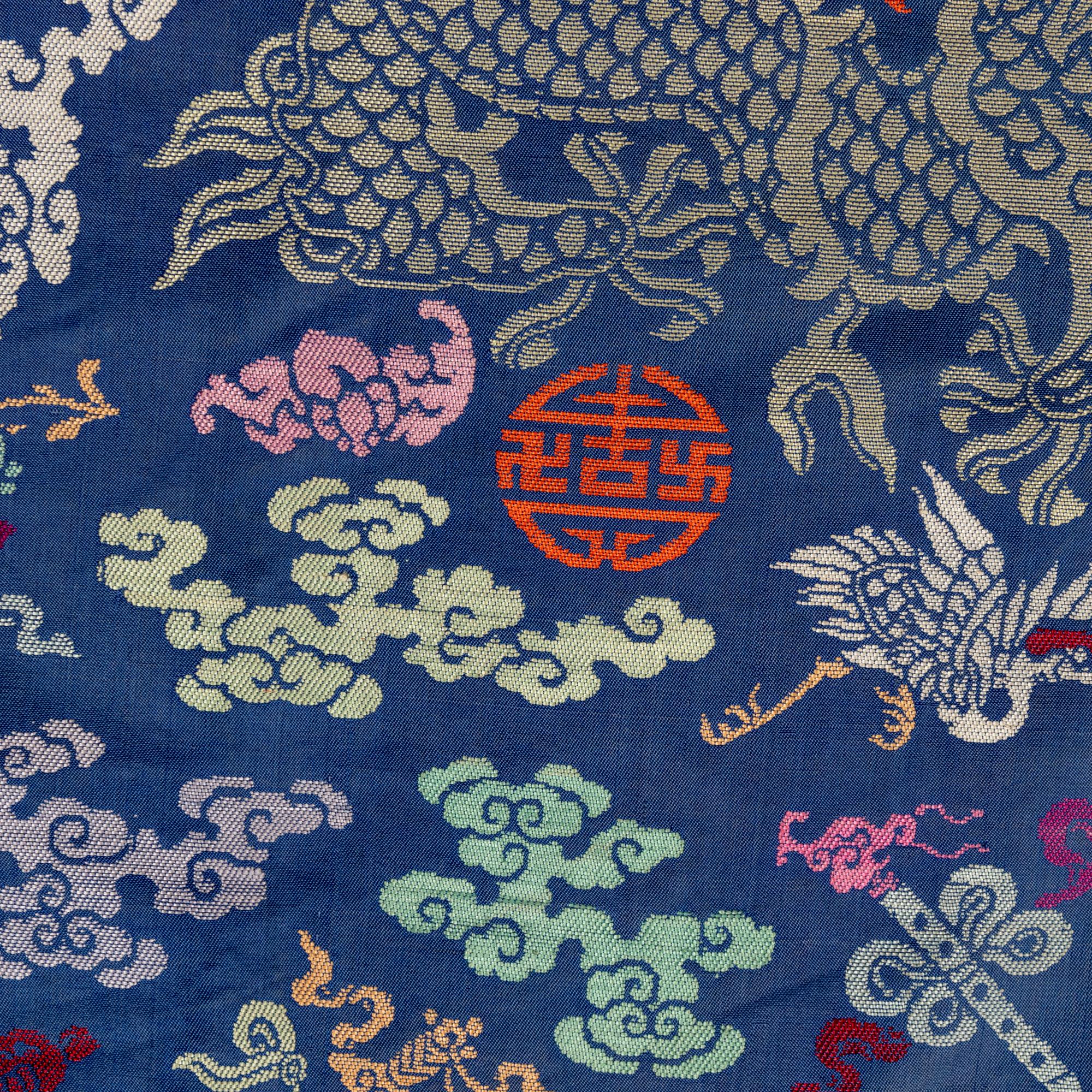 A Chinese Blue Ground Brocade 'Dragon' Robe, Jifu, Late Qing Dynasty 清晚期 藍地織錦云龍紋吉服