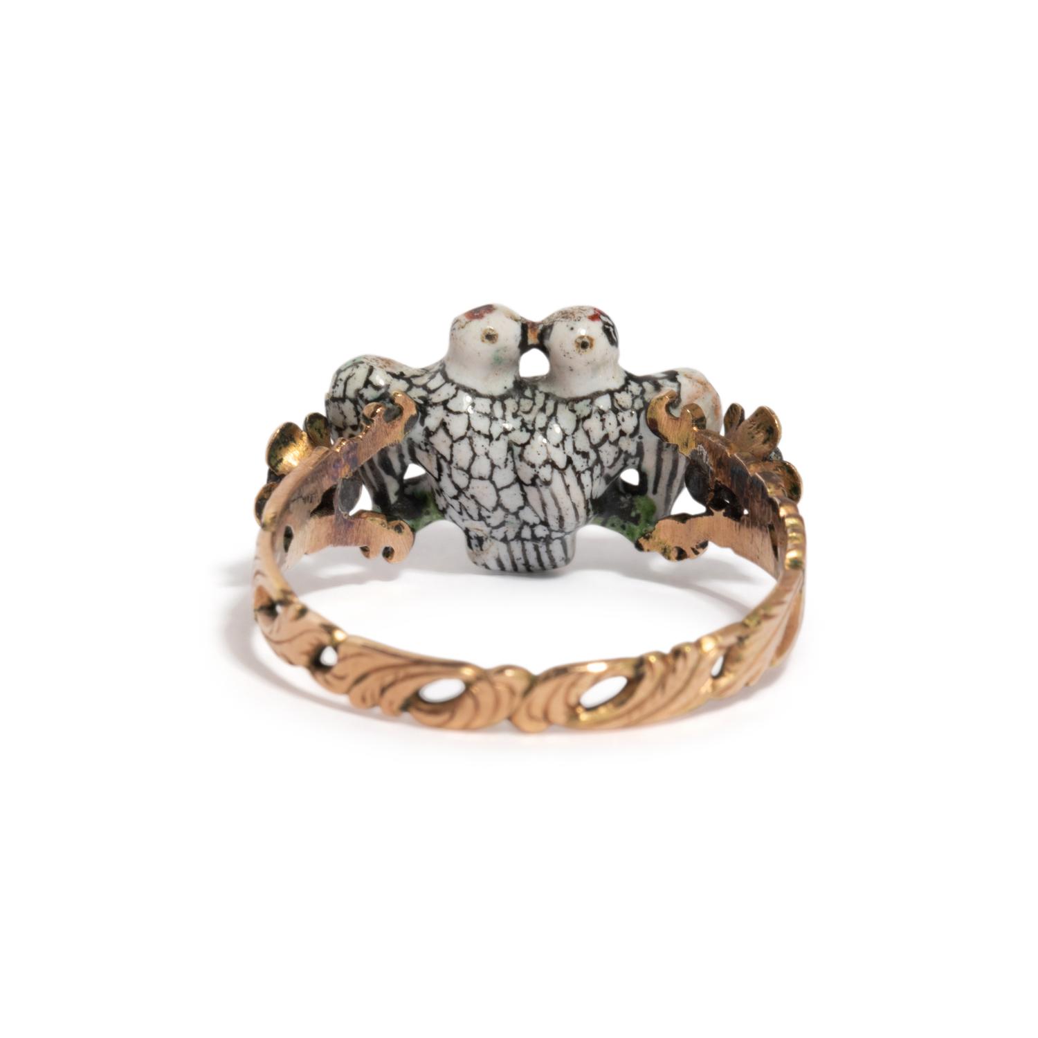 ANTIQUE, ENAMEL AND DIAMOND LOVEBIRDS RING