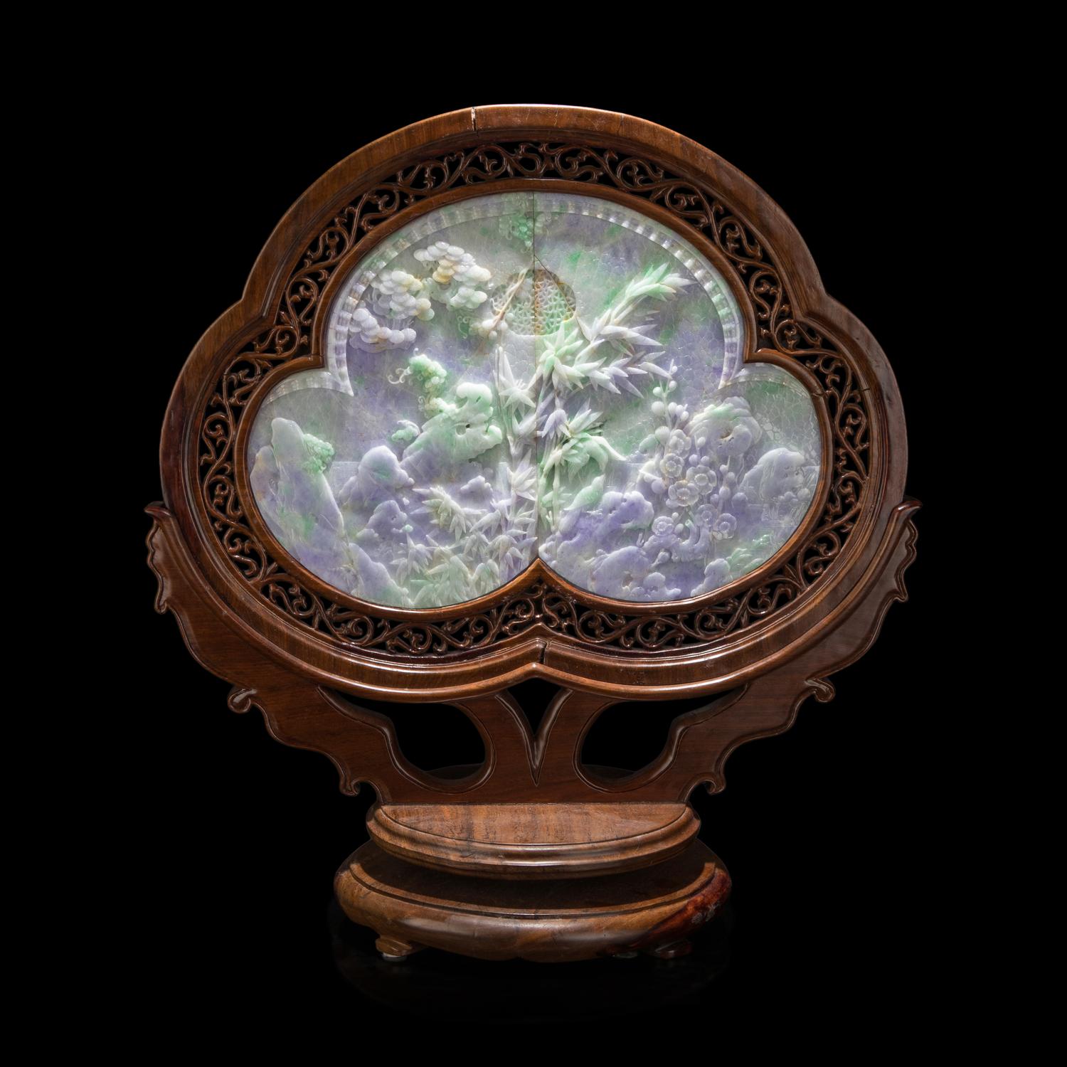 A Large Chinese Incised and Gilt Lavender and Green Jadeite Hardwood Table Screen, 20th Century 近代 翡翠春帶彩旋轉式雙面大著屏