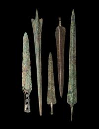 A Group of 5 Luristan Bronze Weapons Including Spearheads and a Sword