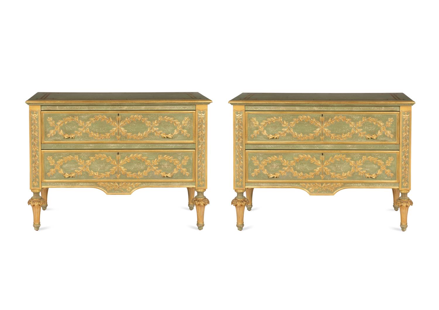 A Pair of Italian Neoclassical Style Green-Painted and Parcel Gilt Commodes