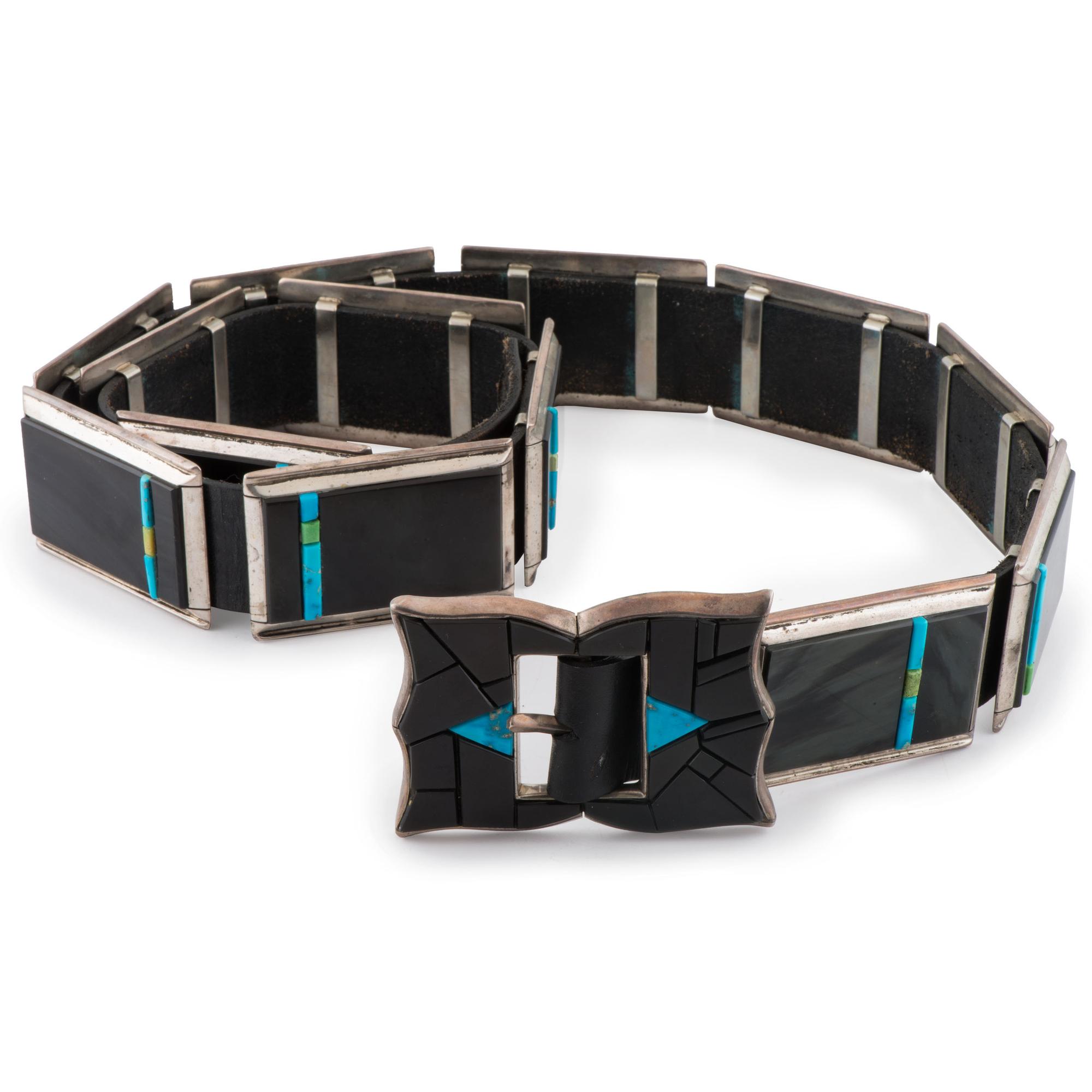 Sterling Silver, Black Jade, Turquoise, and Serpentine Concha Belt