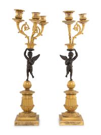 A Pair of Empire Style Gilt and Patinated Bronze Figural Candelabra