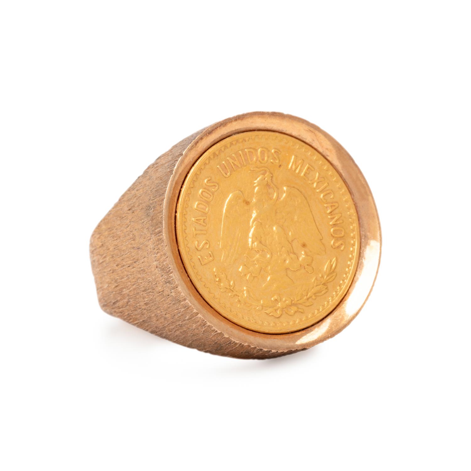 TWO YELLOW GOLD AND MEXICAN PESO COIN RINGS