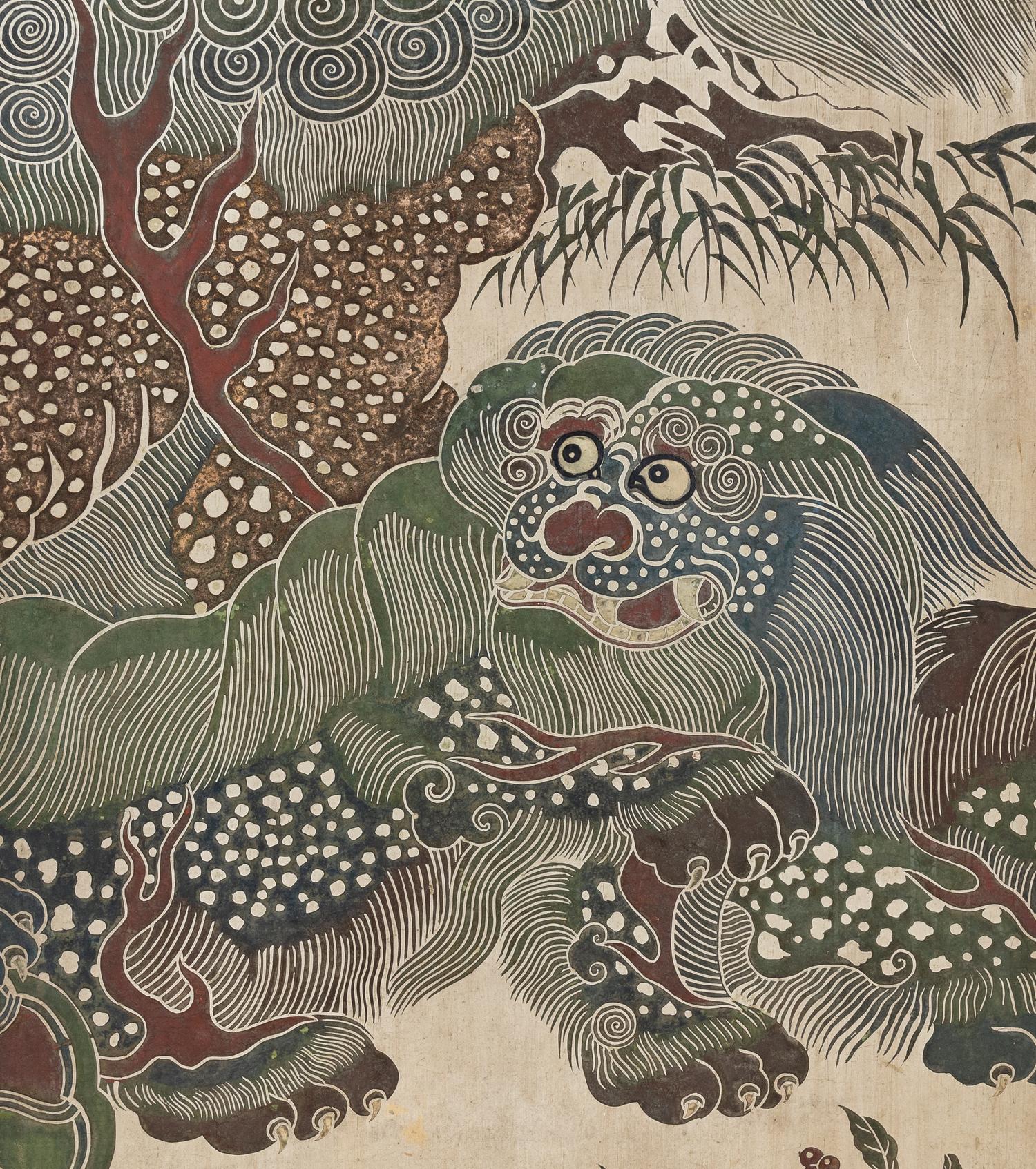 A Large Polychrome Lacquered Six-Panel Floor Screen