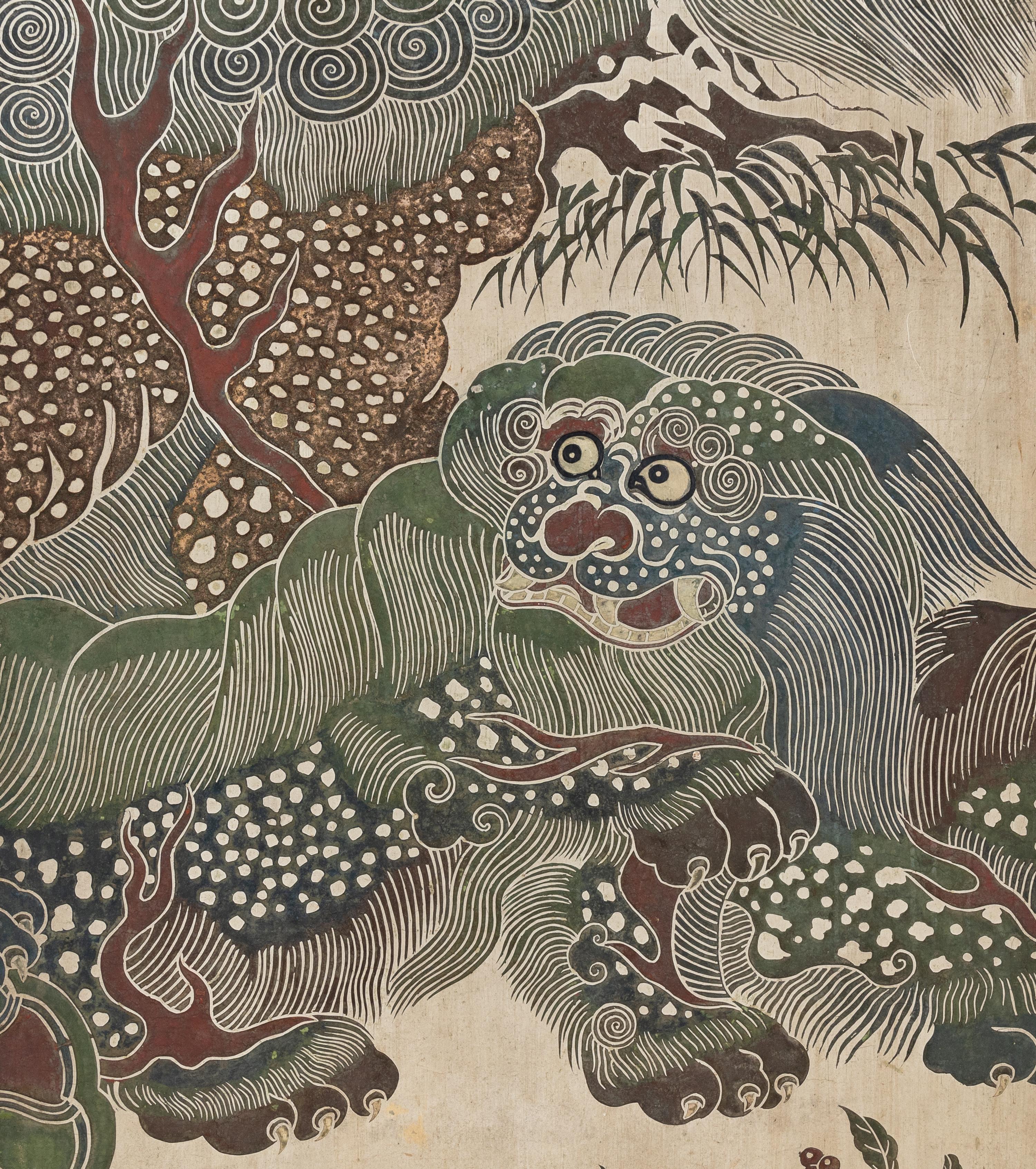 A Large Polychrome Lacquered Six-Panel Floor Screen