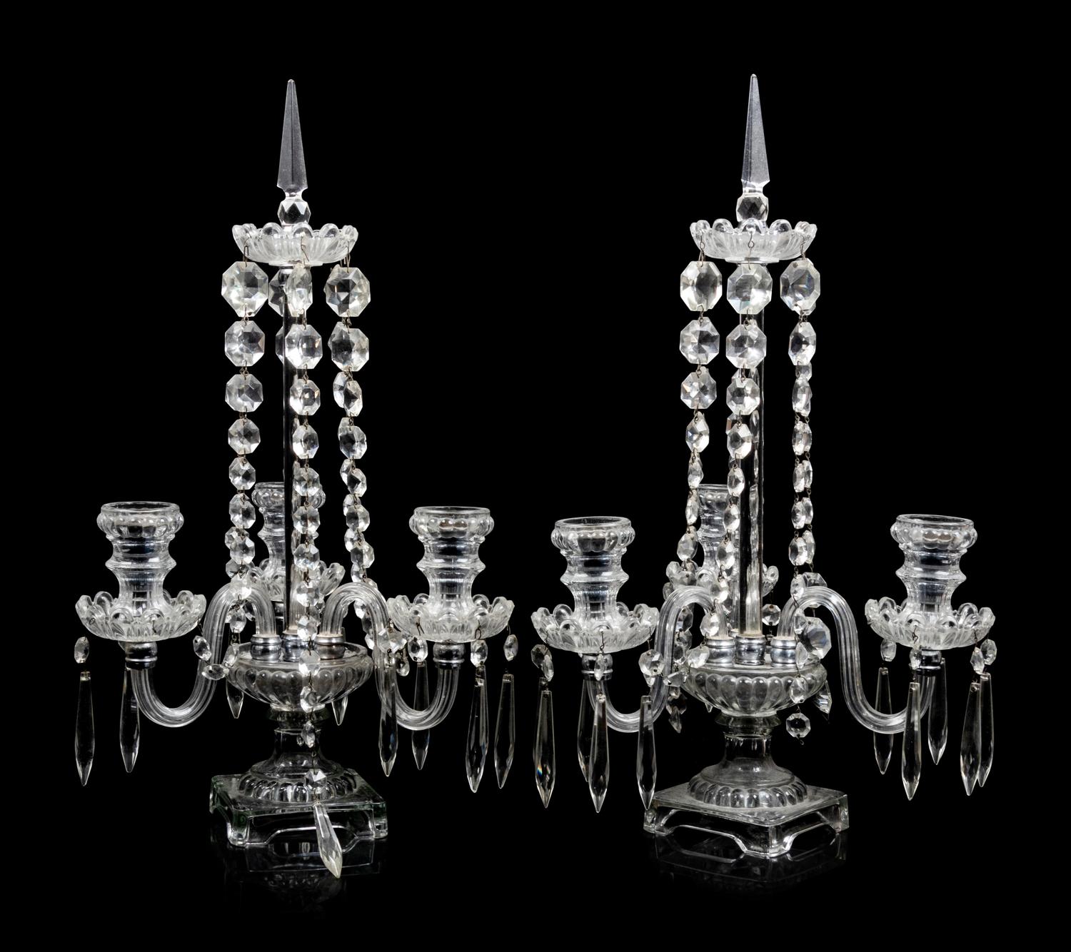 A Pair of Victorian Cut Glass Three-Light Candelabra